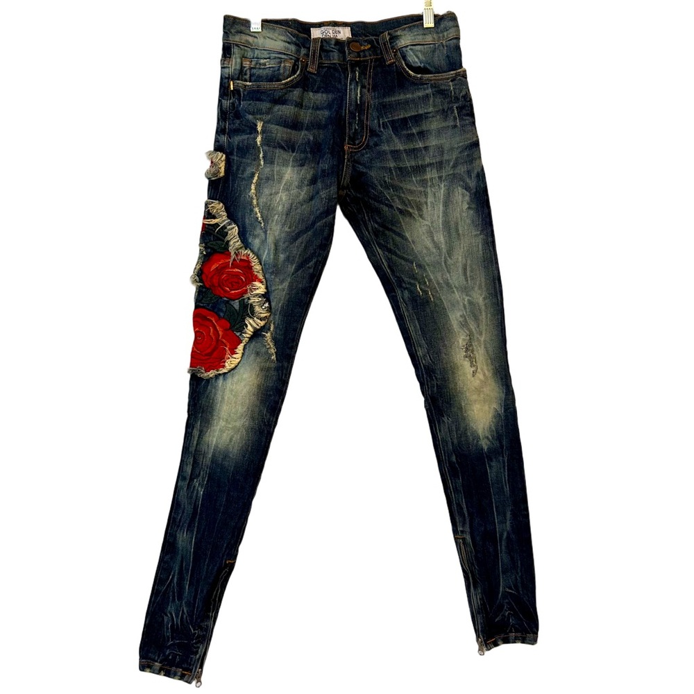 GOLDEN DENIM Distressed Jeans with Red Rose Embroidery Mens Size 30